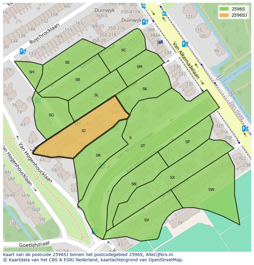Afbeelding van het postcodegebied 2596 SJ op de kaart.