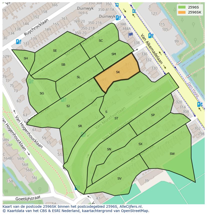 Afbeelding van het postcodegebied 2596 SK op de kaart.