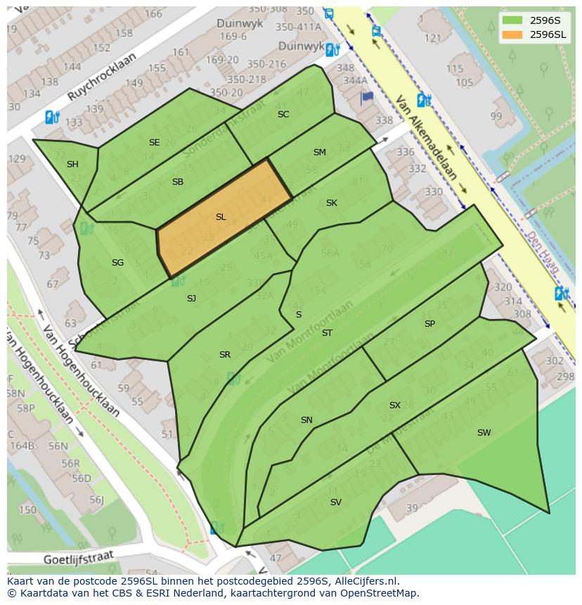 Afbeelding van het postcodegebied 2596 SL op de kaart.