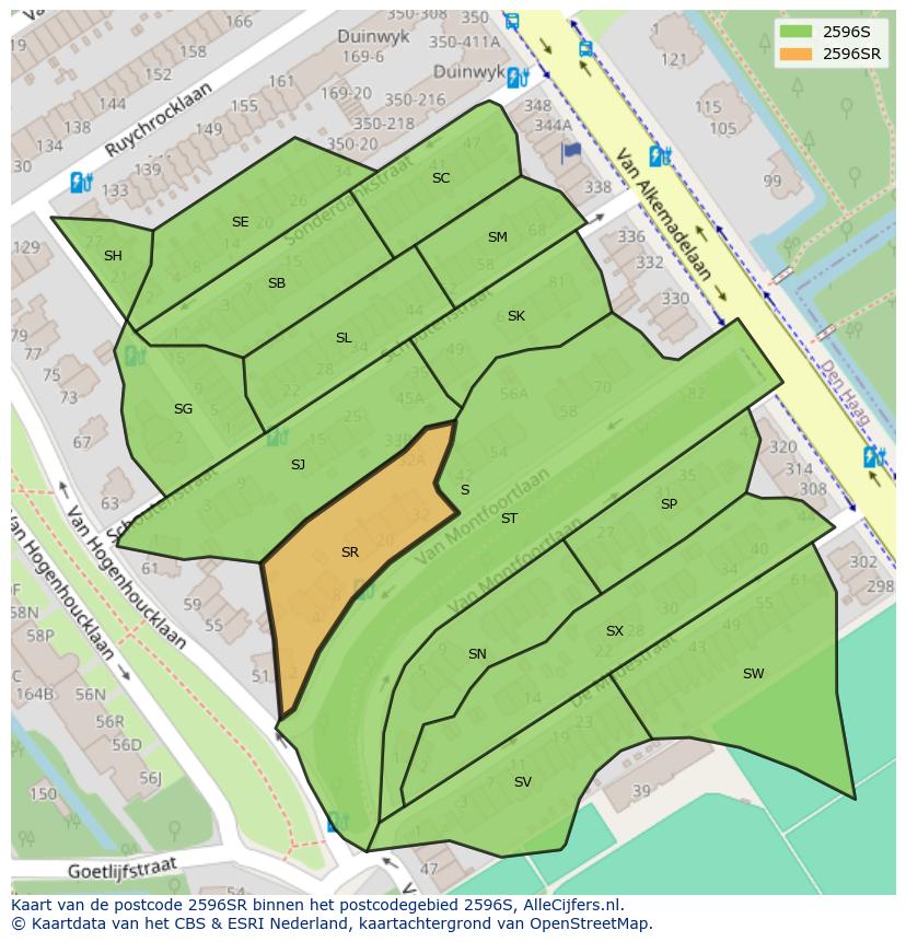 Afbeelding van het postcodegebied 2596 SR op de kaart.