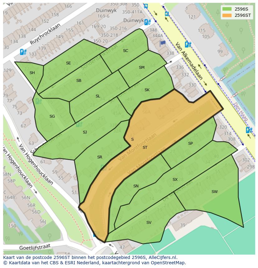 Afbeelding van het postcodegebied 2596 ST op de kaart.