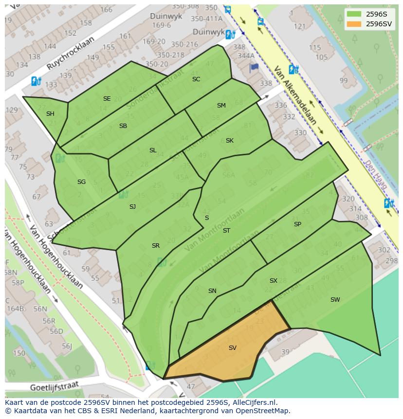 Afbeelding van het postcodegebied 2596 SV op de kaart.