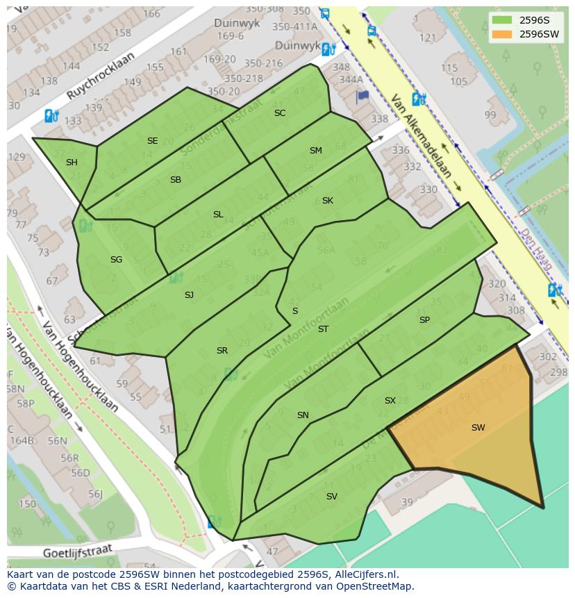 Afbeelding van het postcodegebied 2596 SW op de kaart.
