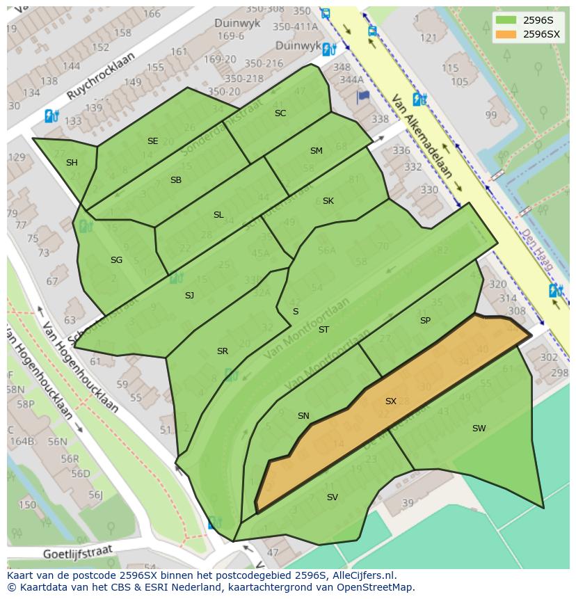 Afbeelding van het postcodegebied 2596 SX op de kaart.