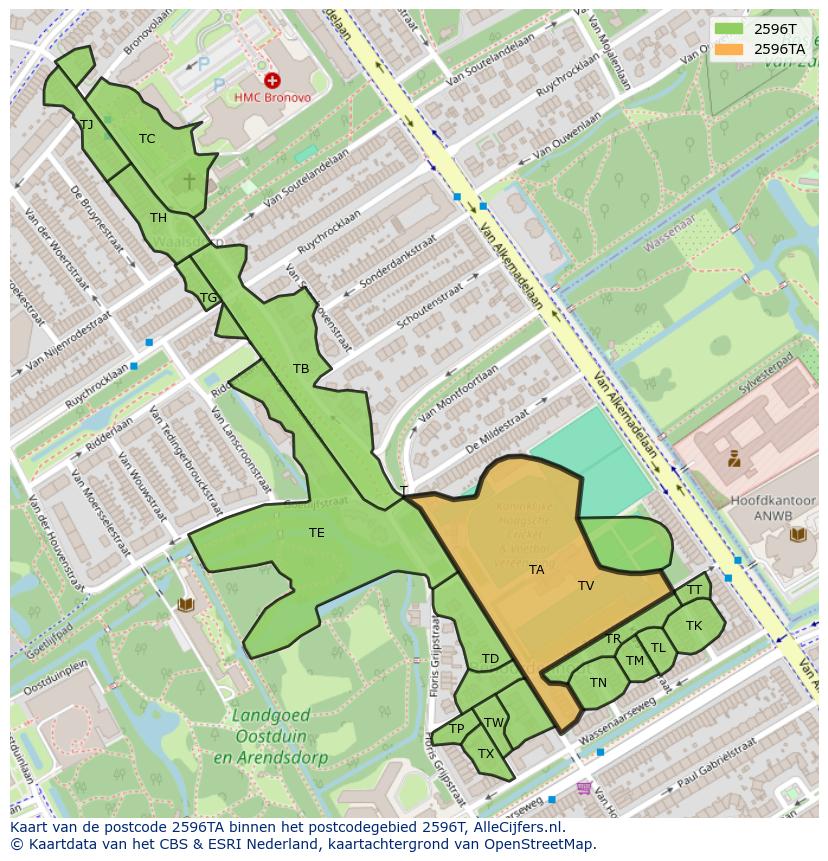 Afbeelding van het postcodegebied 2596 TA op de kaart.