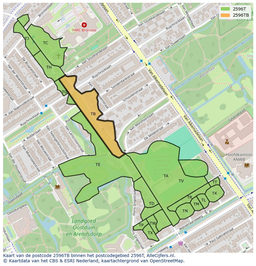 Afbeelding van het postcodegebied 2596 TB op de kaart.