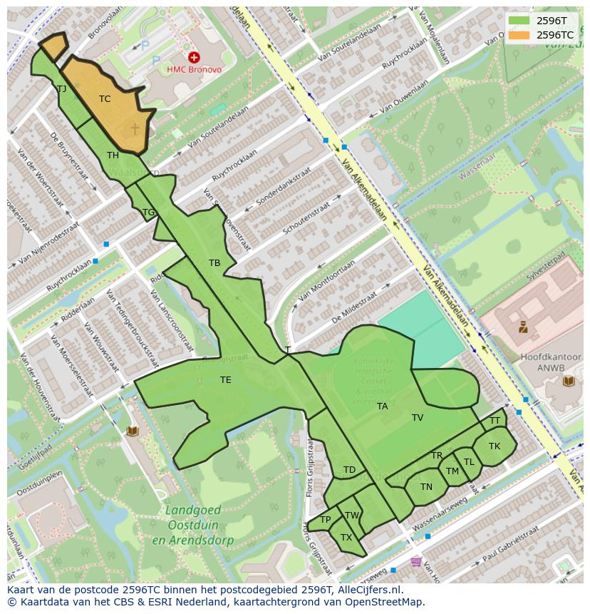 Afbeelding van het postcodegebied 2596 TC op de kaart.