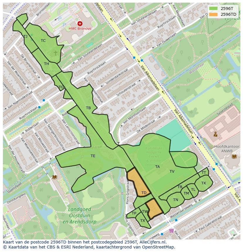 Afbeelding van het postcodegebied 2596 TD op de kaart.