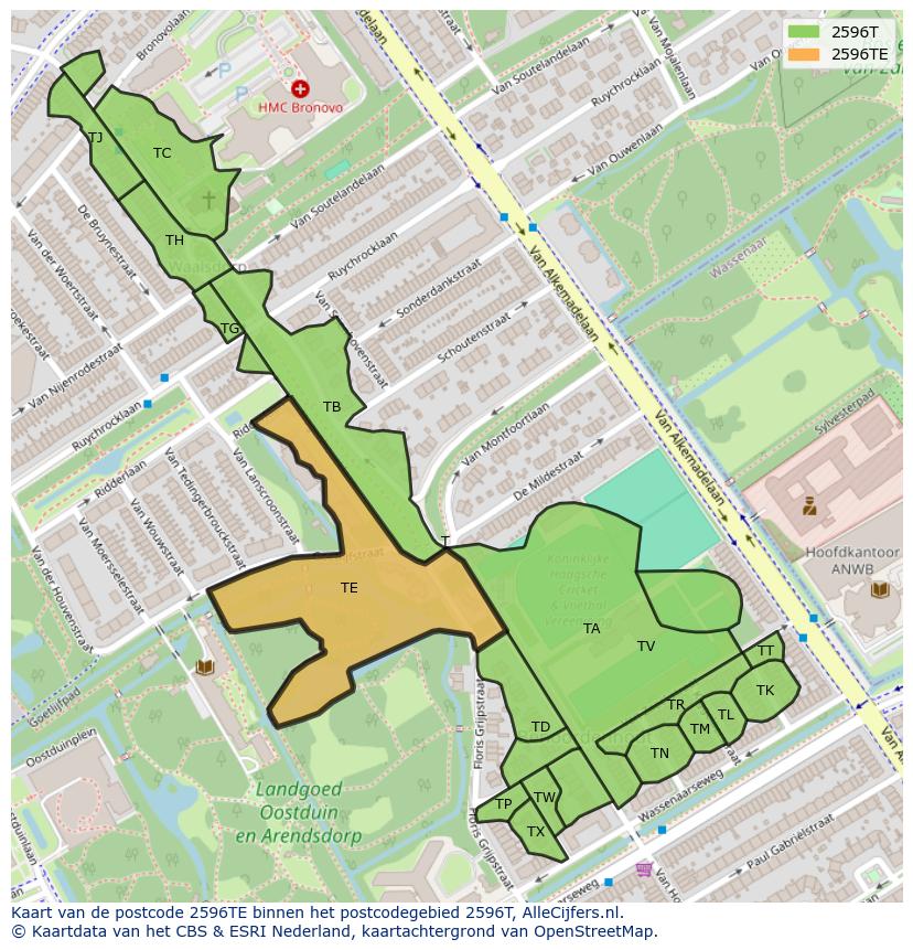 Afbeelding van het postcodegebied 2596 TE op de kaart.
