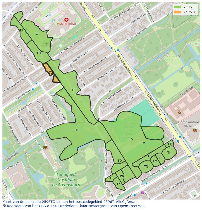 Afbeelding van het postcodegebied 2596 TG op de kaart.