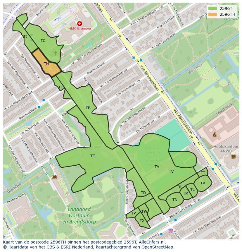 Afbeelding van het postcodegebied 2596 TH op de kaart.