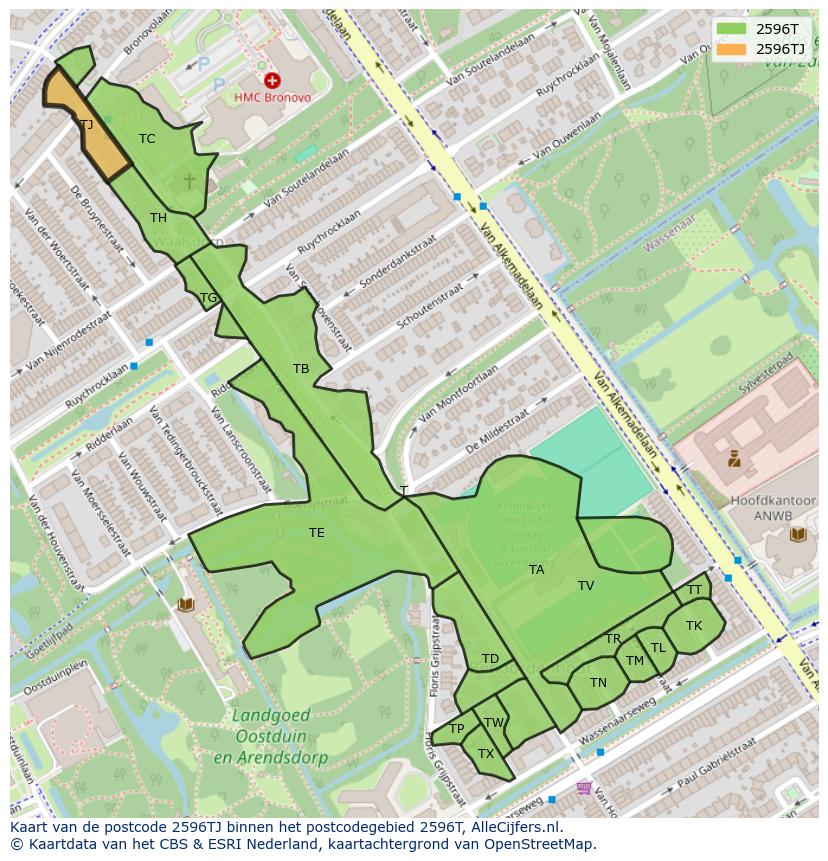 Afbeelding van het postcodegebied 2596 TJ op de kaart.