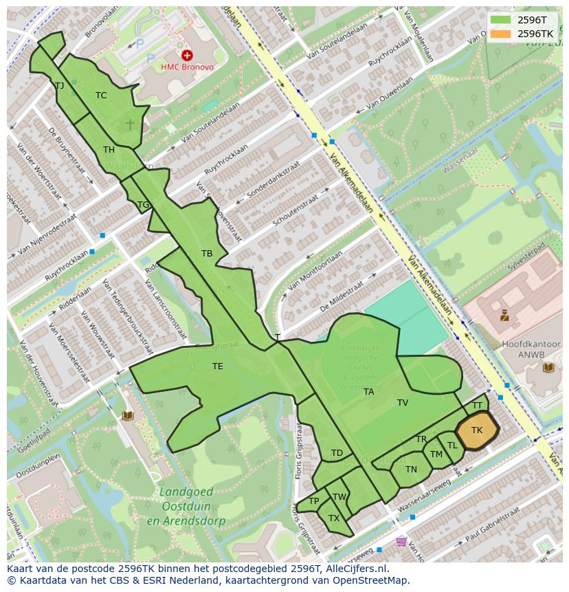 Afbeelding van het postcodegebied 2596 TK op de kaart.