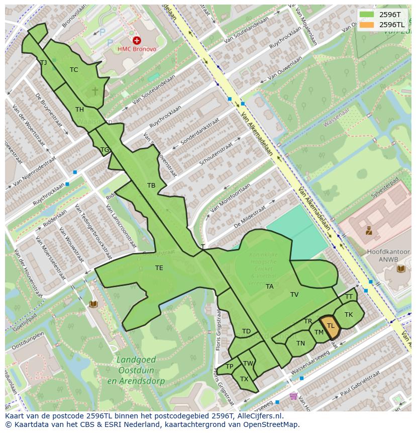 Afbeelding van het postcodegebied 2596 TL op de kaart.