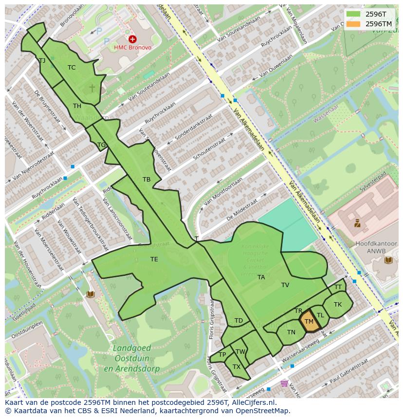 Afbeelding van het postcodegebied 2596 TM op de kaart.