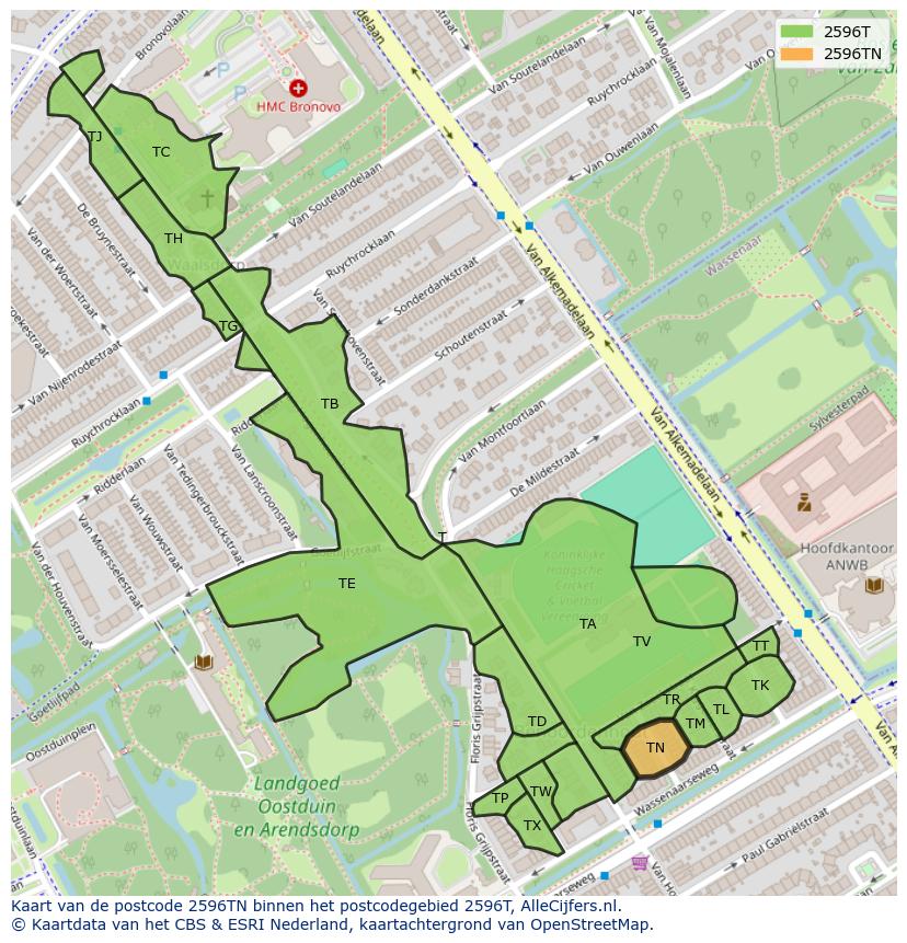 Afbeelding van het postcodegebied 2596 TN op de kaart.