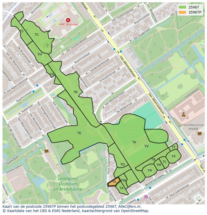 Afbeelding van het postcodegebied 2596 TP op de kaart.