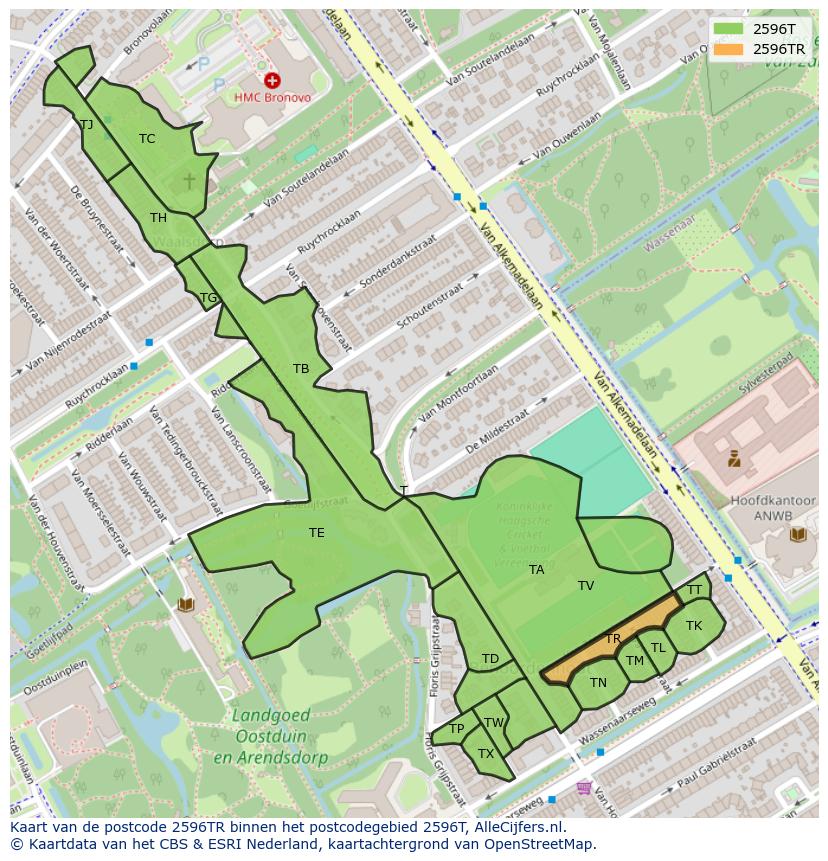 Afbeelding van het postcodegebied 2596 TR op de kaart.