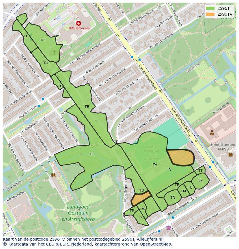 Afbeelding van het postcodegebied 2596 TV op de kaart.