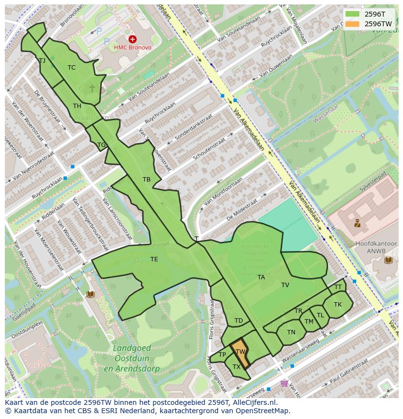 Afbeelding van het postcodegebied 2596 TW op de kaart.