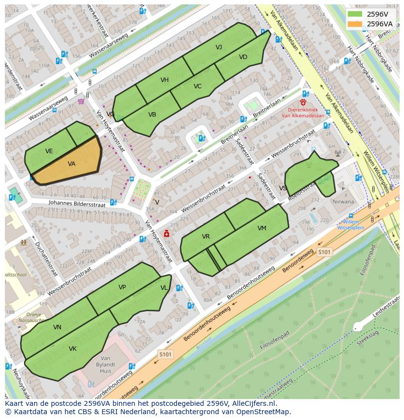Afbeelding van het postcodegebied 2596 VA op de kaart.