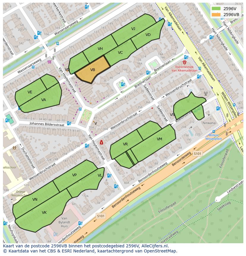 Afbeelding van het postcodegebied 2596 VB op de kaart.