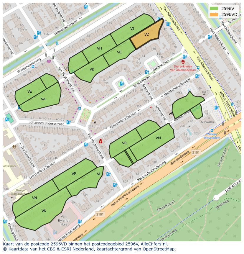 Afbeelding van het postcodegebied 2596 VD op de kaart.