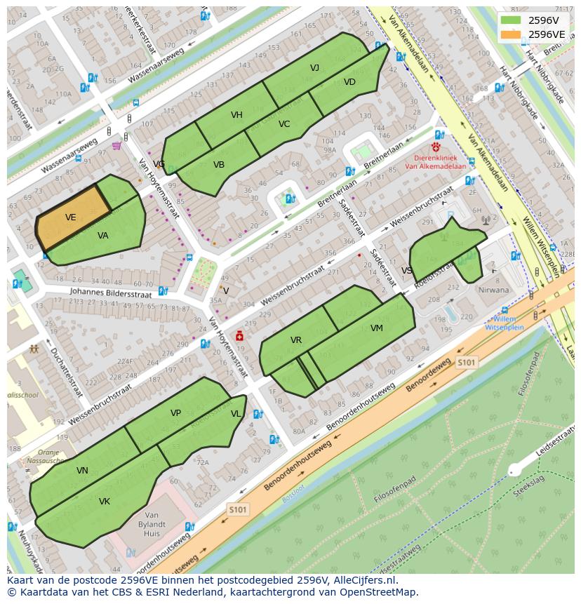 Afbeelding van het postcodegebied 2596 VE op de kaart.