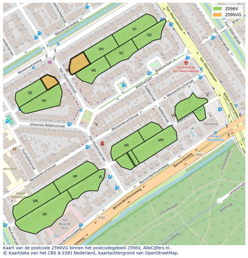 Afbeelding van het postcodegebied 2596 VG op de kaart.