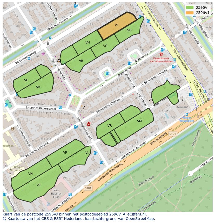 Afbeelding van het postcodegebied 2596 VJ op de kaart.