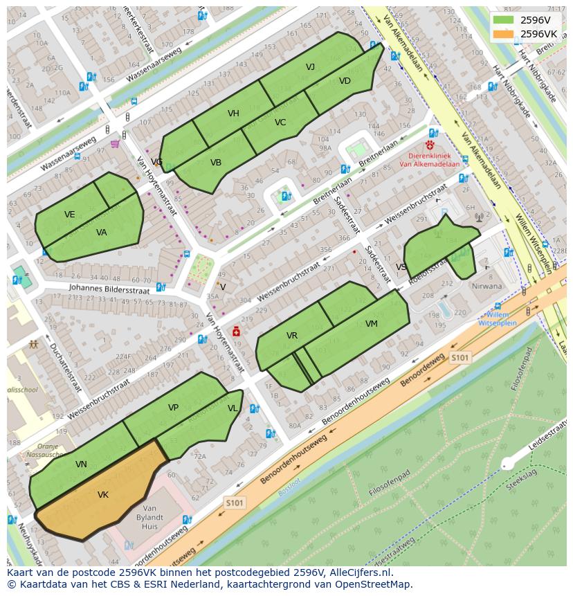 Afbeelding van het postcodegebied 2596 VK op de kaart.