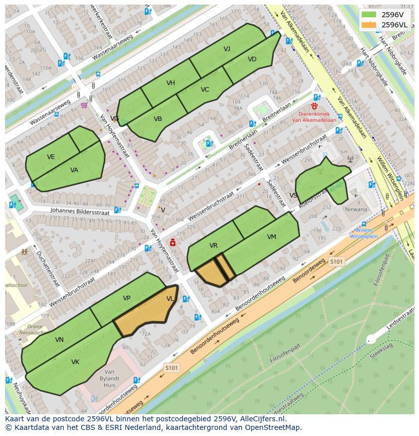 Afbeelding van het postcodegebied 2596 VL op de kaart.