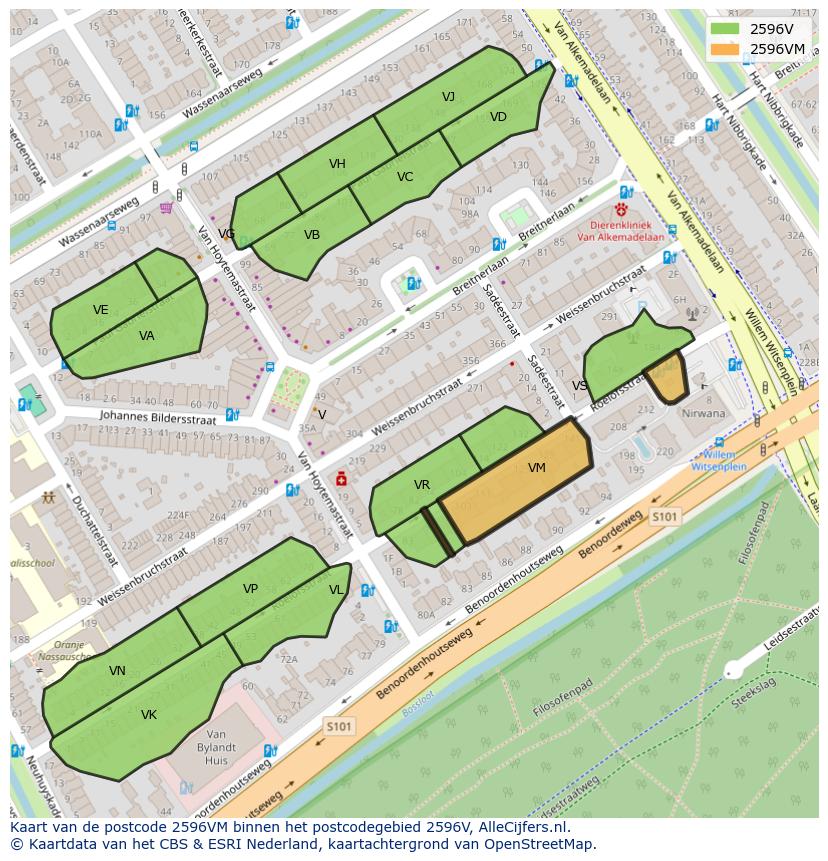 Afbeelding van het postcodegebied 2596 VM op de kaart.