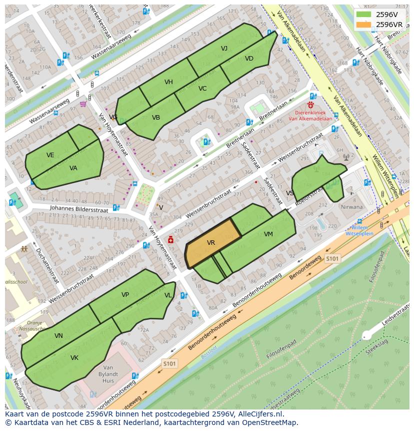 Afbeelding van het postcodegebied 2596 VR op de kaart.