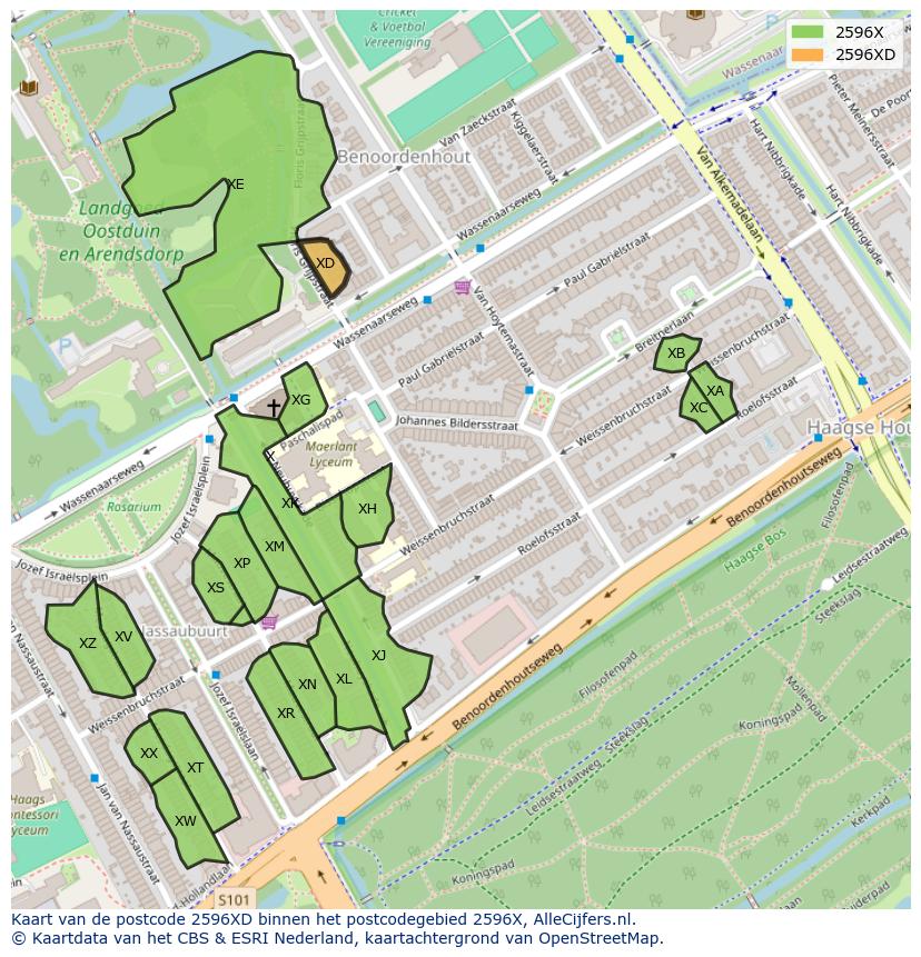 Afbeelding van het postcodegebied 2596 XD op de kaart.