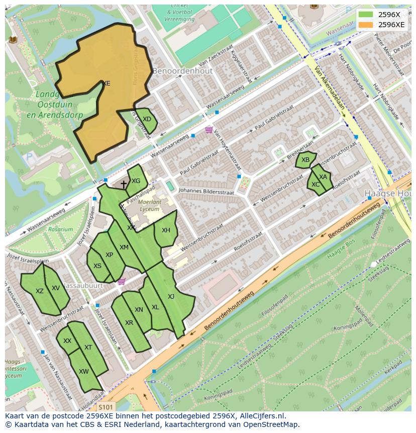 Afbeelding van het postcodegebied 2596 XE op de kaart.