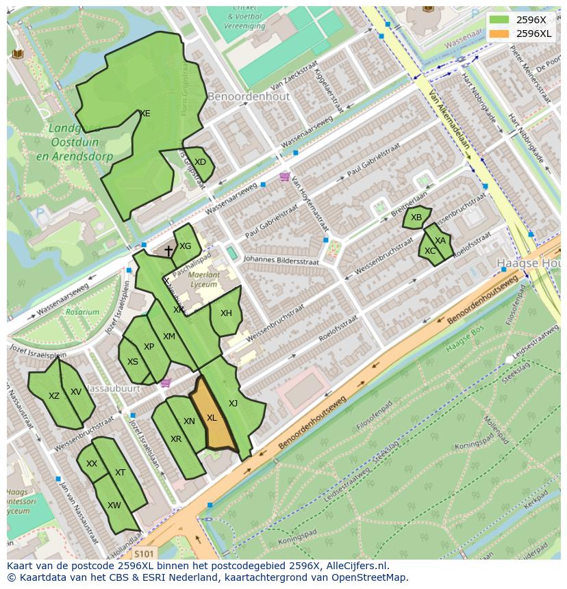 Afbeelding van het postcodegebied 2596 XL op de kaart.