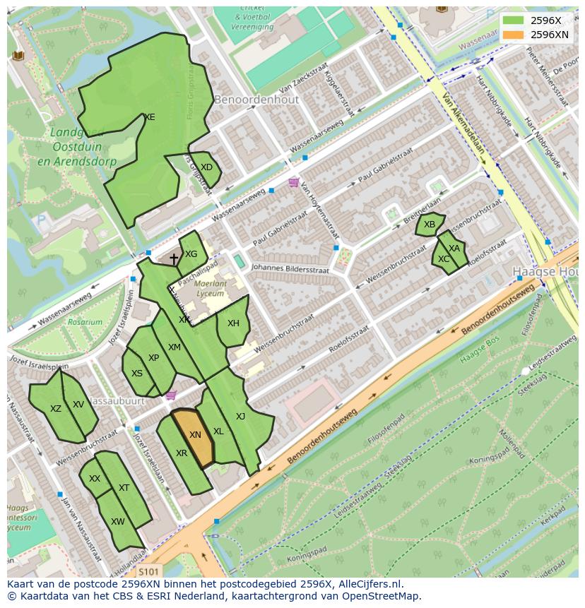 Afbeelding van het postcodegebied 2596 XN op de kaart.