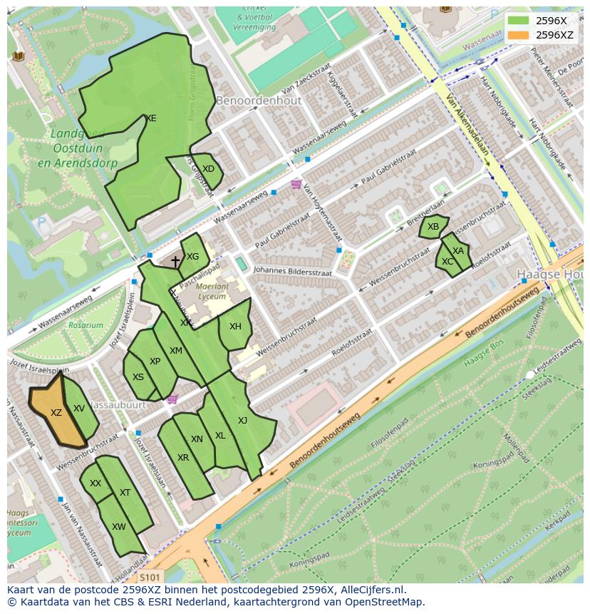 Afbeelding van het postcodegebied 2596 XZ op de kaart.