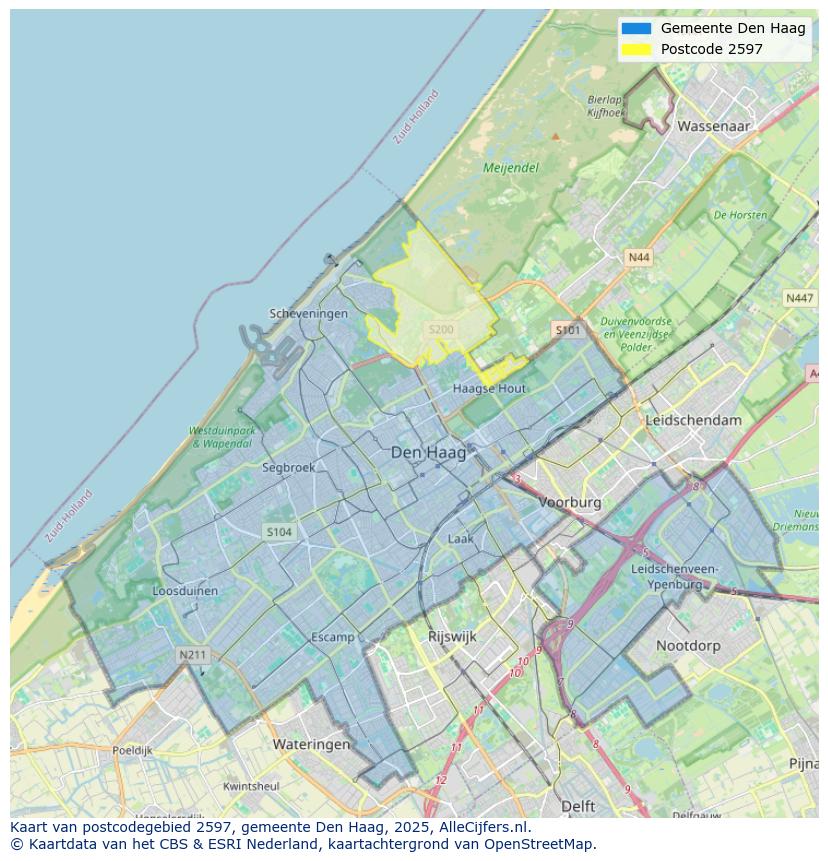 Afbeelding van het postcodegebied 2597 op de kaart.