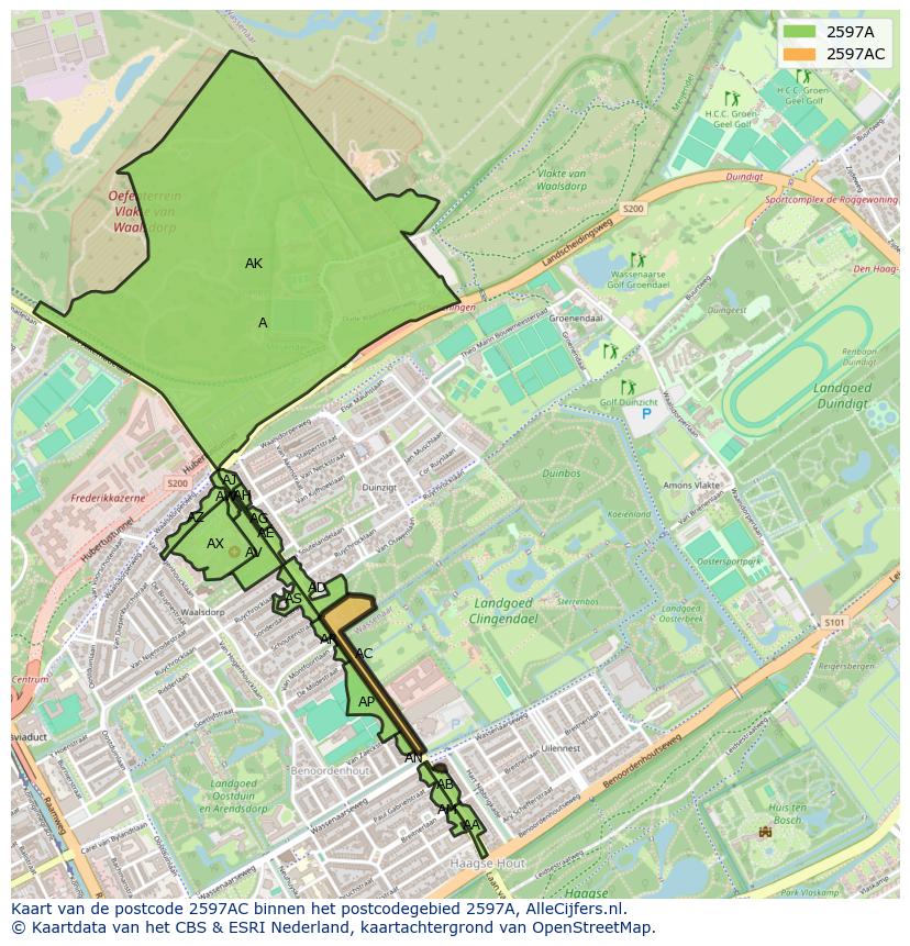 Afbeelding van het postcodegebied 2597 AC op de kaart.