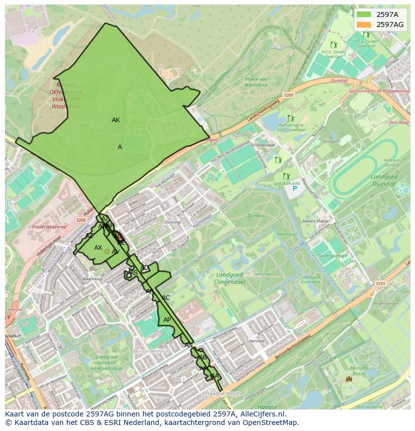 Afbeelding van het postcodegebied 2597 AG op de kaart.