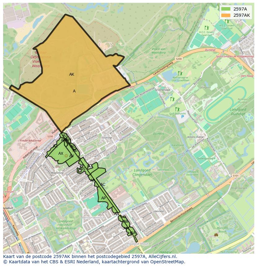 Afbeelding van het postcodegebied 2597 AK op de kaart.