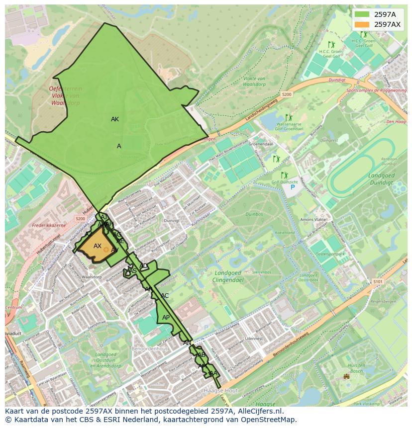 Afbeelding van het postcodegebied 2597 AX op de kaart.