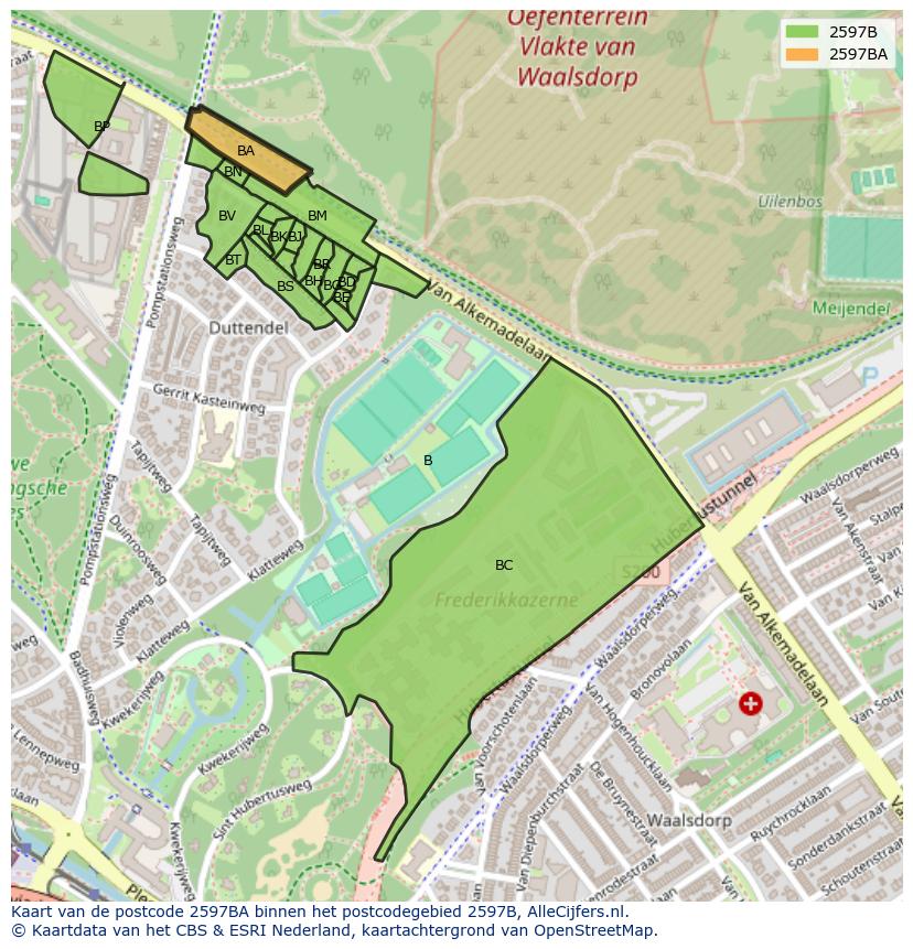 Afbeelding van het postcodegebied 2597 BA op de kaart.
