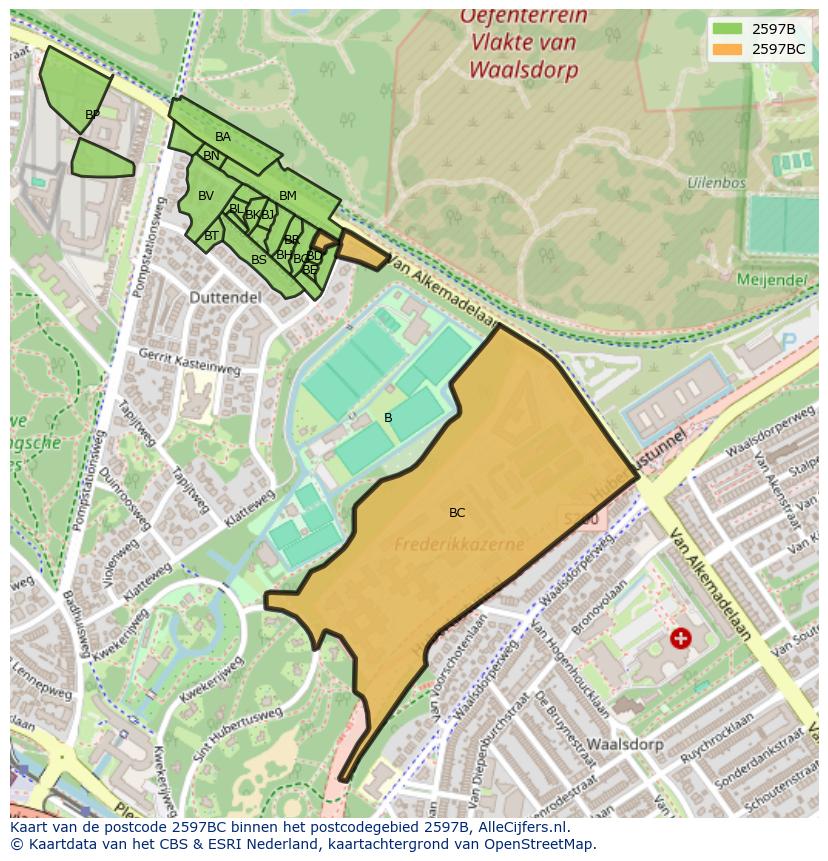 Afbeelding van het postcodegebied 2597 BC op de kaart.