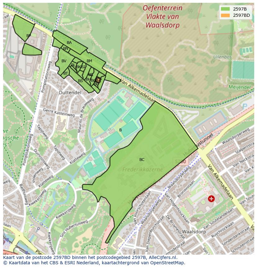 Afbeelding van het postcodegebied 2597 BD op de kaart.