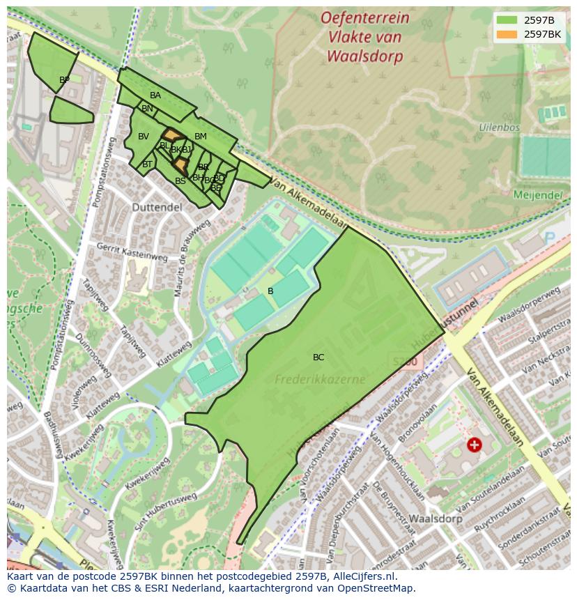 Afbeelding van het postcodegebied 2597 BK op de kaart.
