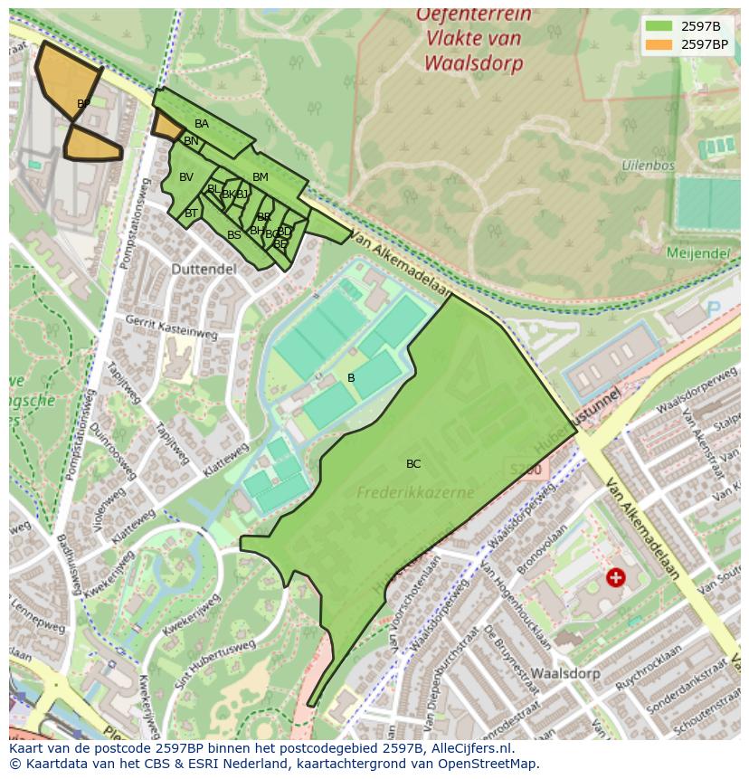 Afbeelding van het postcodegebied 2597 BP op de kaart.