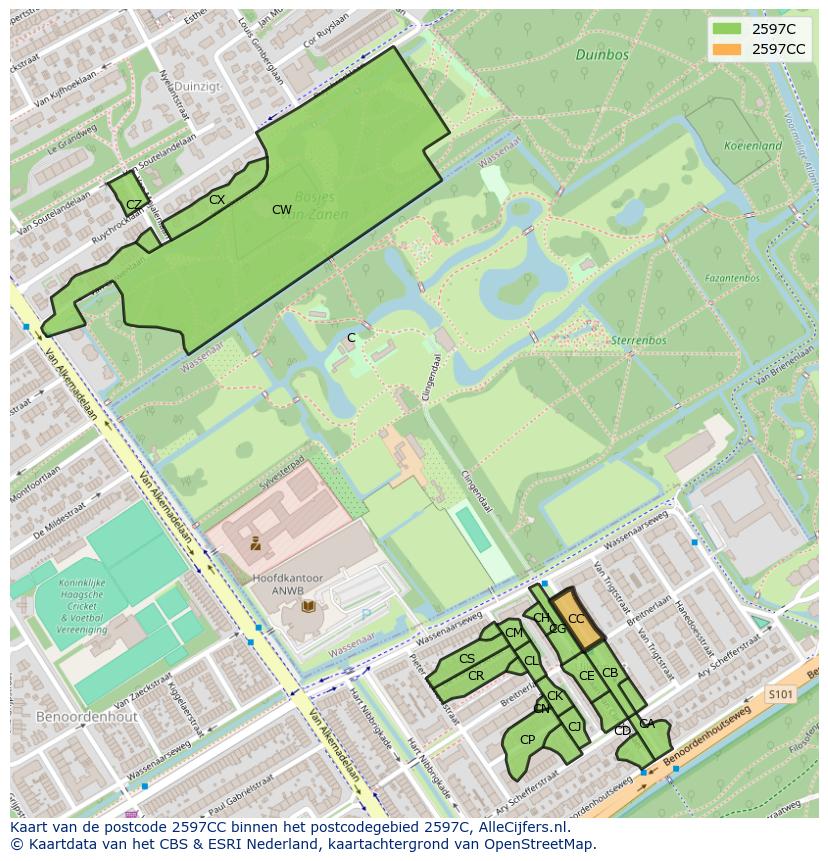 Afbeelding van het postcodegebied 2597 CC op de kaart.